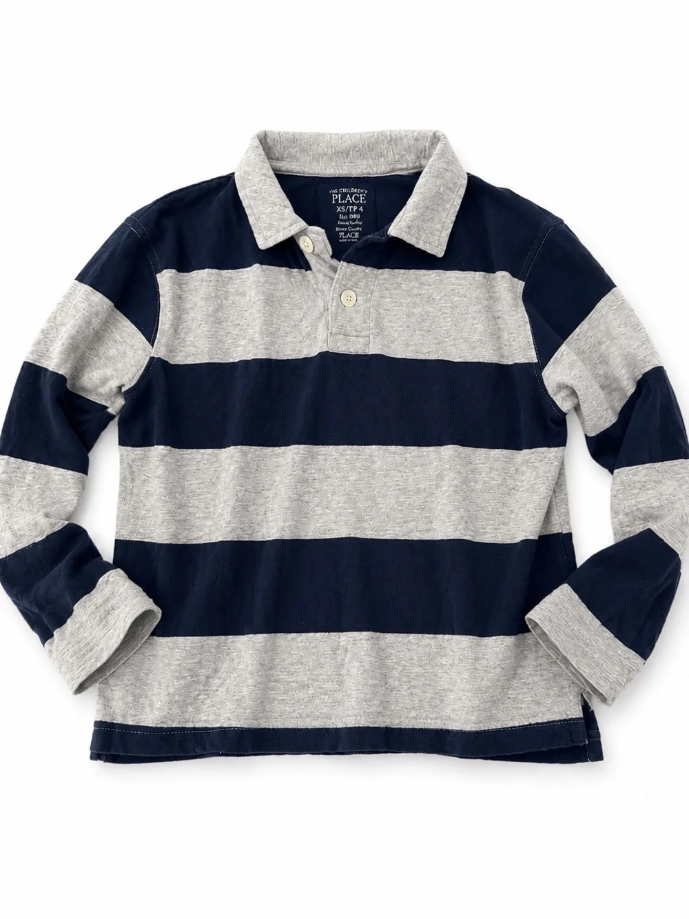 The Children’s Place Boys Size 4 Rugby Polo Shirt Navy Gray Striped Long Sleeve
